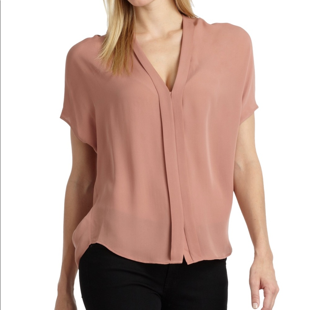 Vince Pleated Silk Chiffon V-Neck in Pink